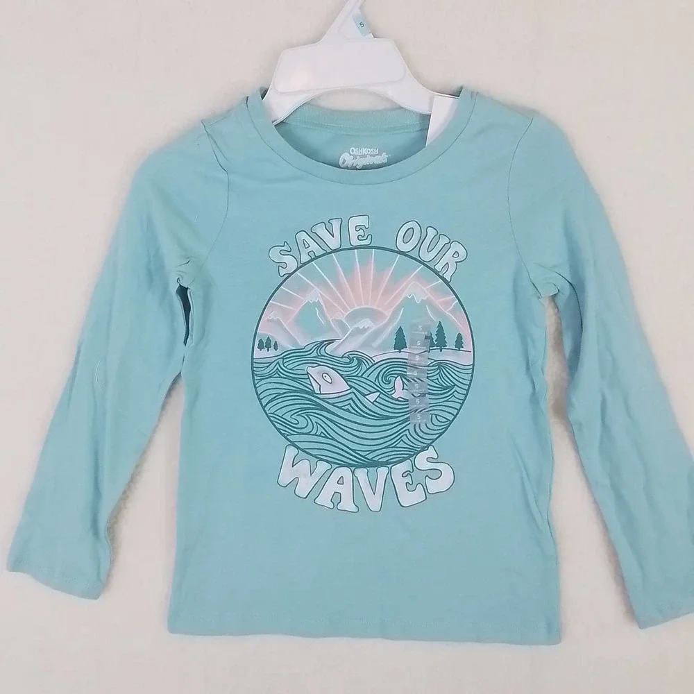 OshKosh Long Sleeve Cotton‎ T-Shirt Girl's Size 5 in Green w/ Ocean Graphic